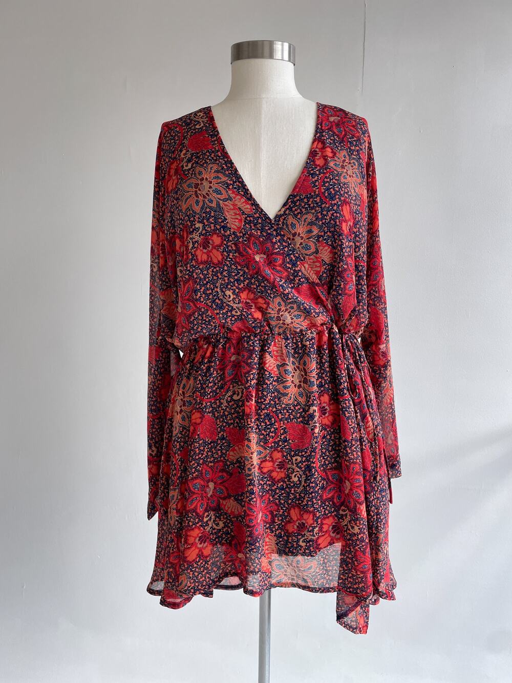 Free People Red Floral Teegan Dress Sheer Boho Babydoll Mini Sz SP Long Sleeve